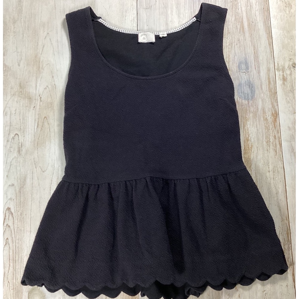 Anthropologie Postmark Black Textured Peplum Top Scalloped Hem Cutout Back Large